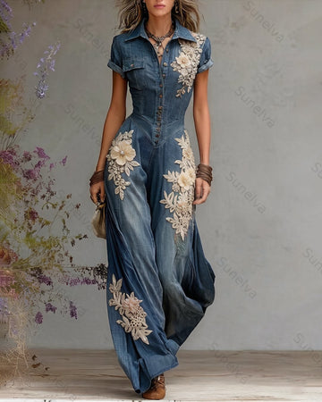 Women's Summer Floral Beaded Embroidered Patchwork Jumpsuit 8187