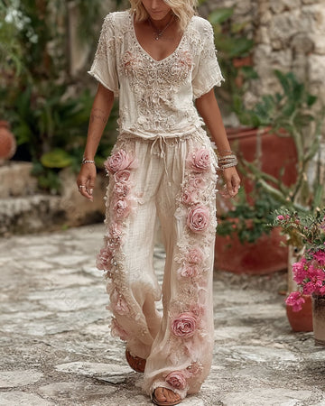 Women's Summer Floral Embroidered Linen Short-Sleeve Top and Long Pants Set 5909