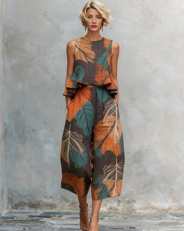 Women's Summer Vacation Retro Leaf Print Linen Sleeveless Top & Pants Two-Piece Set 3516