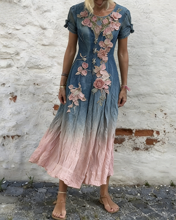 Women's Vacation Gradient Flowers Embroidery Short-sleeved Dress 8704