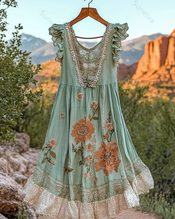 Women's Summer Floral Embroidered Patchwork Linen Dress 5976
