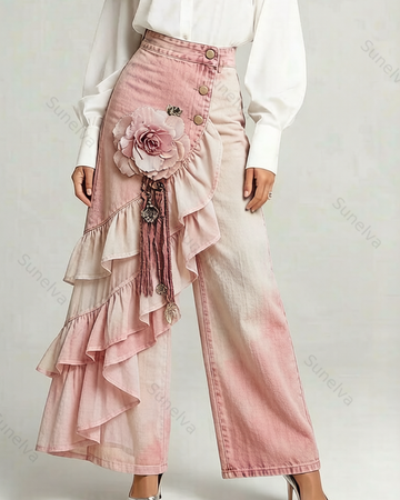 Women's Summer Elegant Floral Embroidery Ruffled Patchwork Gradient Denim Jeans  4087