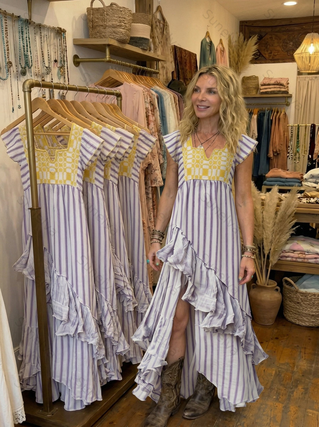 Women's Vacation Contrasting Color Irregular Ruffle Linen Dress 3412