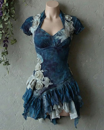 Women's Summer Vacation Style Irregular Ruffled Floral Embroidered Top 1764