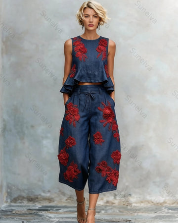 Women's Summer Resort Floral Embroidered Linen Sleeveless Top & Pants Two-Piece Set 5138