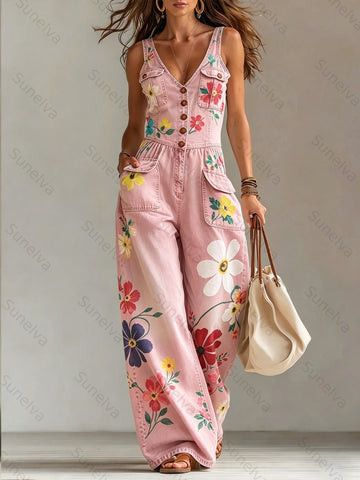 Women's Washed Denim Loose-Fit Sleeveless Jumpsuit with Straps  6753