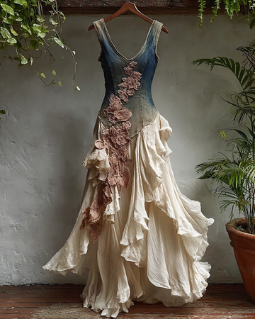 Women's Elegant Irregular Ruffle Flowers Embroidery Dress 8541
