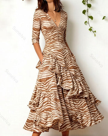 Women's Retro Elegant Striped Print Irregular Ruffle Patchwork Linen Dress 2706