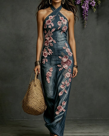 Women's Summer Pink Floral Embroidered Denim Dress 6582