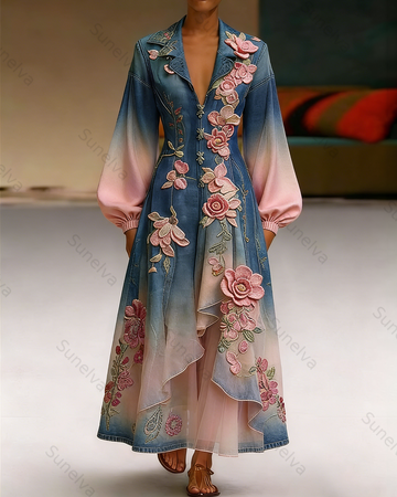 Women's Vacation Irregular Ruffle Flowers Embroidery Patchwork Dress 5897