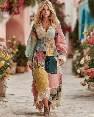 Women's Spring/Summer Color-Blocked Patchwork Long-Sleeve V-Neck Dress 6446