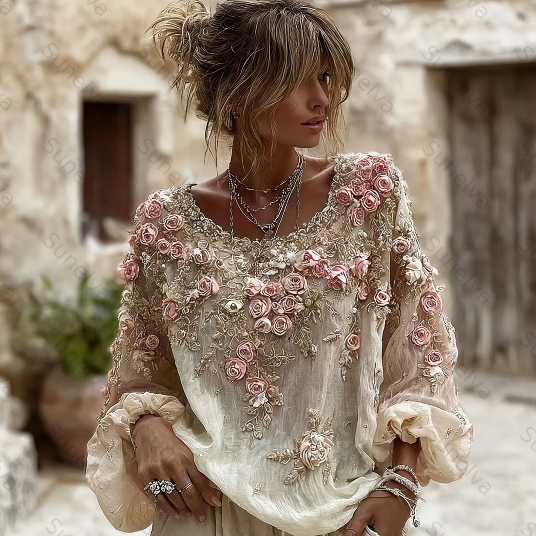 Women's Vintage Rose Embroidery Art Round Neck Long Sleeve Linen Blend T-shirt 33ff