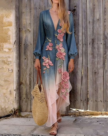 Women's Vacation Irregular Ruffle Flowers Embroidery Patchwork Dress 6832