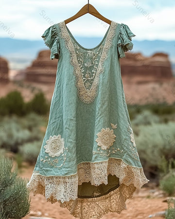 Women's Summer Floral Embroidered Patchwork Linen Blouse 6909