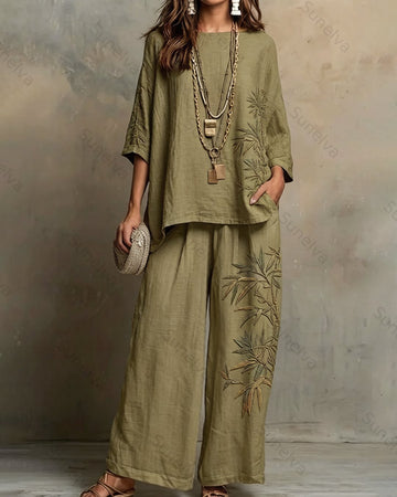 Women's Summer Resort Floral Embroidered Linen short-sleeved top & Pants Two-Piece Set   4693