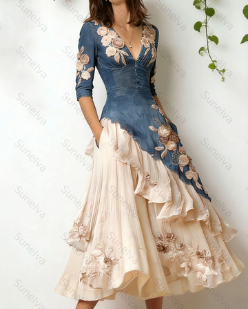 Women's Elegant Flowers Embroidery Irregular Ruffle Linen Patchwork Dress 1865
