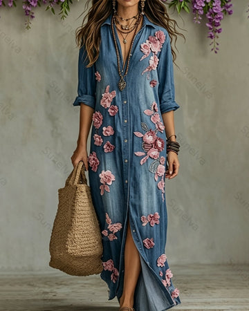 Women's Summer Pink Floral Embroidered Denim Dress 7734