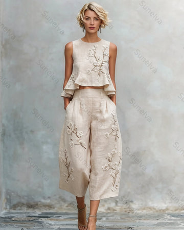 Women's Summer Resort Floral Embroidered Linen Sleeveless Top & Pants Two-Piece Set 5958