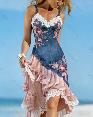 Women's Vacation Irregular Ruffle Flowers Embroidery Dress 3632