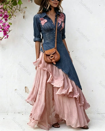Women's Summer Contrast Patchwork Irregular Ruffle Floral Embroidered Dress 9203