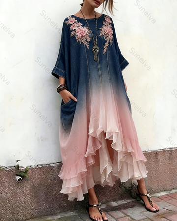 Women's Elegant Gradient Floral Embroidered Denim Dress 4281