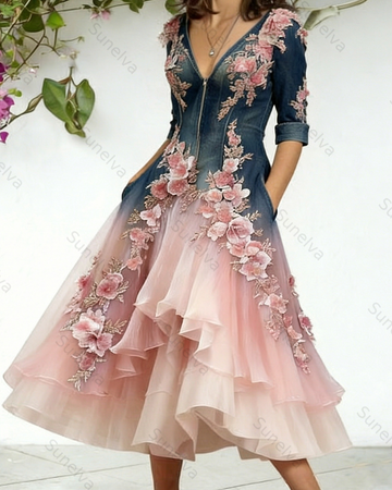Women's Elegant Gradient Floral Embroidered Denim Dress 5974