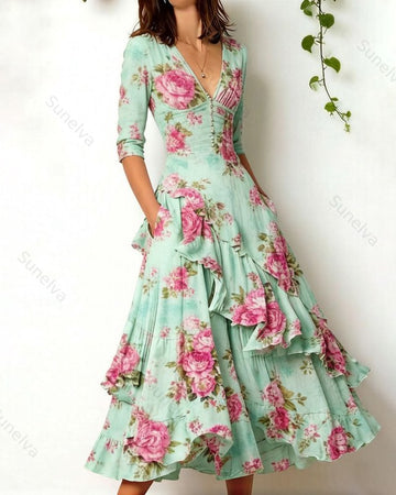 Women's elegant irregular ruffled linen patchwork dress 5964