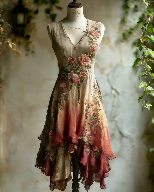 Women's elegant floral embroidered tie-dye irregular ruffled linen patchwork sleeveless dress  9727