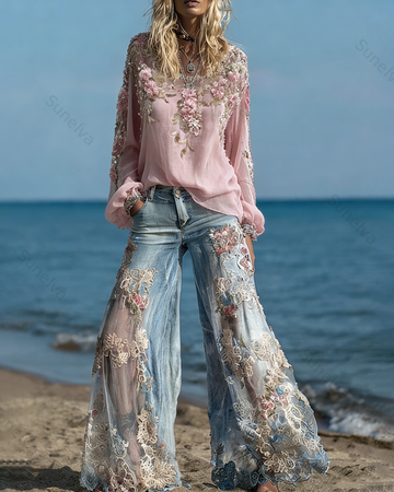 Women's Spring Resort Floral Embroidered Top & Pants Two-Piece Set2901