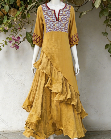 Women's Vacation Contrasting Color Irregular Ruffle Linen Dress 6758