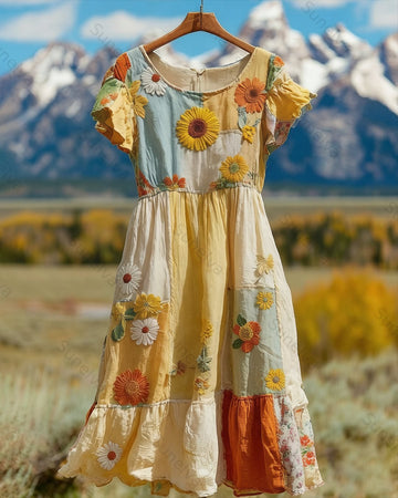 Women's Summer Vacation Floral Embroidered Color-Blocked Short-Sleeve Dress 6914
