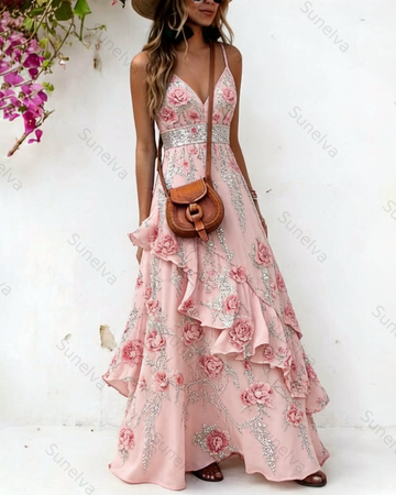Women's Vacation Irregular Ruffle Flowers Embroidery Dress 8357