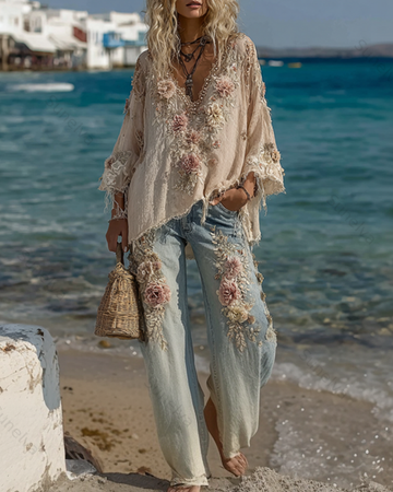 Women's Spring Resort Floral Embroidered Top & Pants Two-Piece Set6902