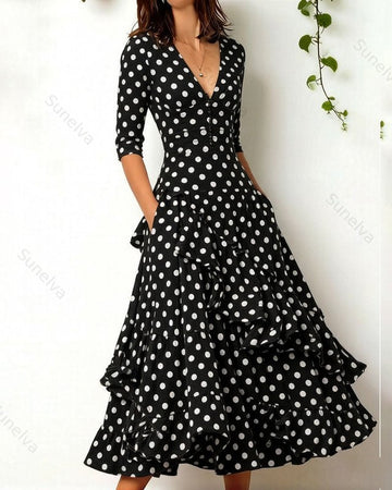Women's elegant irregular ruffled linen patchwork dress 9820