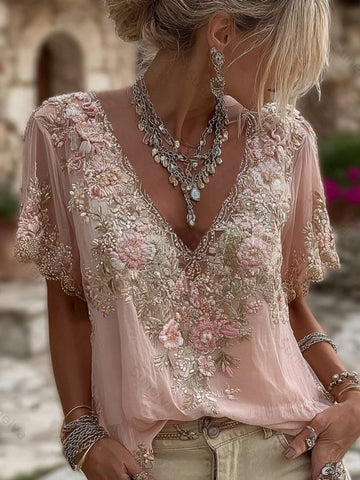 Women's Floral Embroidered Art V-neck Short Sleeved Linen Blend T-shirt ab40