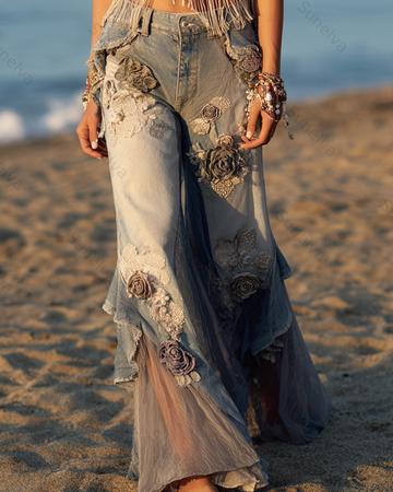 Women's Outdoor Fashion Floral Embroidery Color Block Gradient Denim Linen Pants 5766