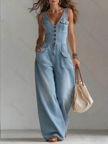 Women's Casual Denim Jumpsuit With Wide-leg Pants 104b