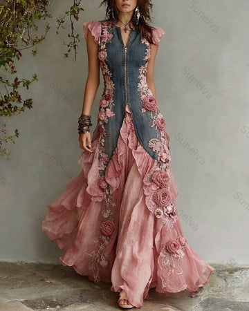 Women's Summer Vacation Flowers Embroidery Irregular Ruffle Linen Patchwork Dress 5288