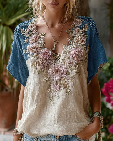 Women's Summer Fashion: Color-Blocked Floral Embroidered Linen Short-Sleeve Top 3593