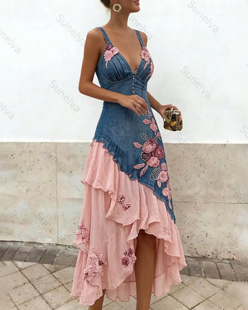 Women's Vacation Irregular Ruffle Flowers Embroidery Dress 9408