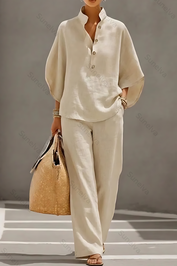 Women’s Batwing Sleeve Linen Cotton Two-Piece Set – Casual Shirt & Wide Leg Pants Outfit 2924