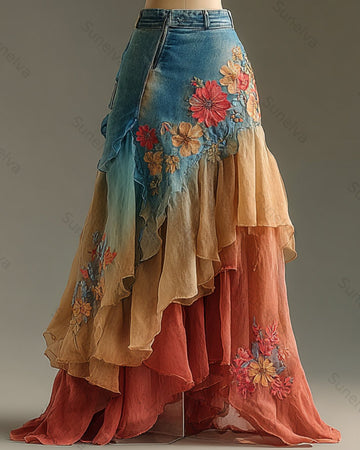 Women's Floral Embroidered Denim Patchwork Linen Midi Skirt  1843