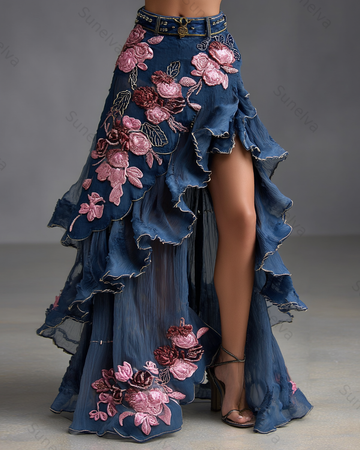 Summer Mid-Length Embroidered Ruffled Skirt 5362