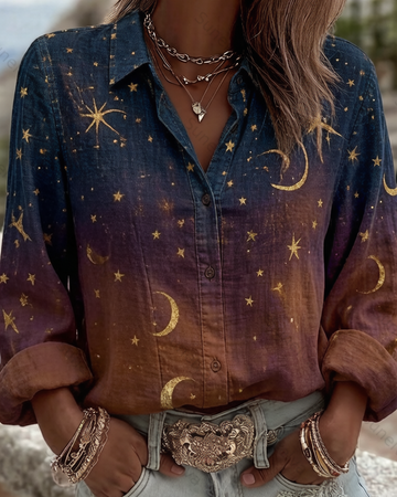 Women's Spring/Summer Star and Moon Embroidered Shirt 8007