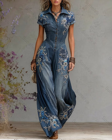 Women's Summer Vacation Floral Beaded Embroidered Jumpsuit 2868