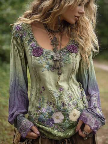 Classy Gradient Purple Lavender And Floral Embroidered Linen Long Sleeve Shirt 6047