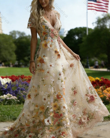 Women's Retro Bohemian Style Floral Embroidery Flowy Linen Maxi Dress  4285