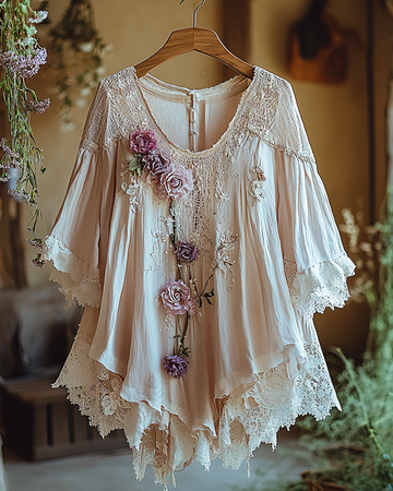 Summer Vacation Contrast Ruffle  Lace Patchwork Top  7530