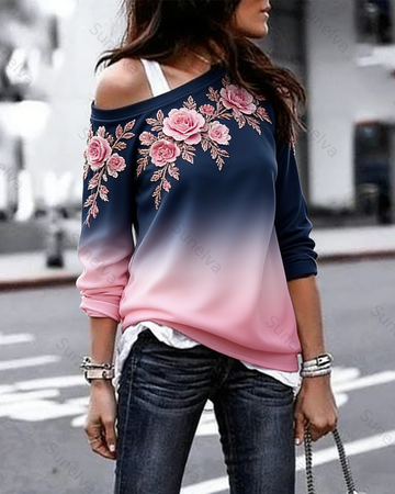 Women's Elegant Gradient Floral Embroidered Long-sleeve crew-neck top 5973