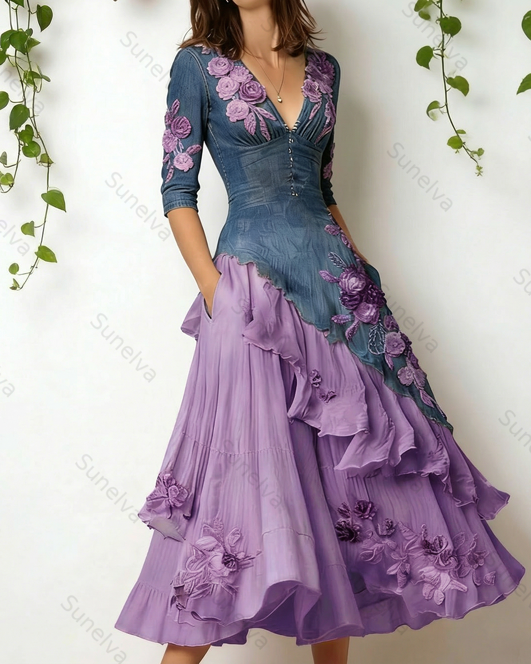 Women's Elegant Flowers Embroidery Irregular Ruffle Linen Patchwork Dress 1865